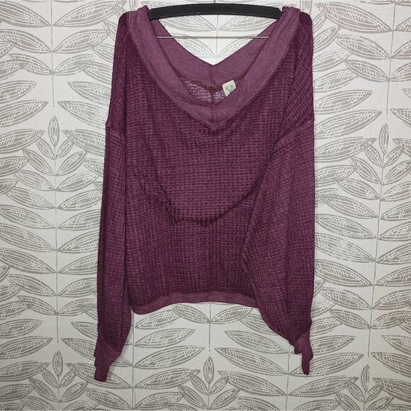 We the Free People South Side Thermal V Neck Balloon Sleeves Purple Off Shoulder - Picture 1 of 8